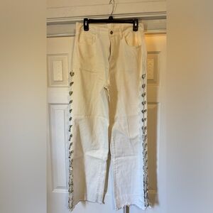 White Beaded Side-Button Pants